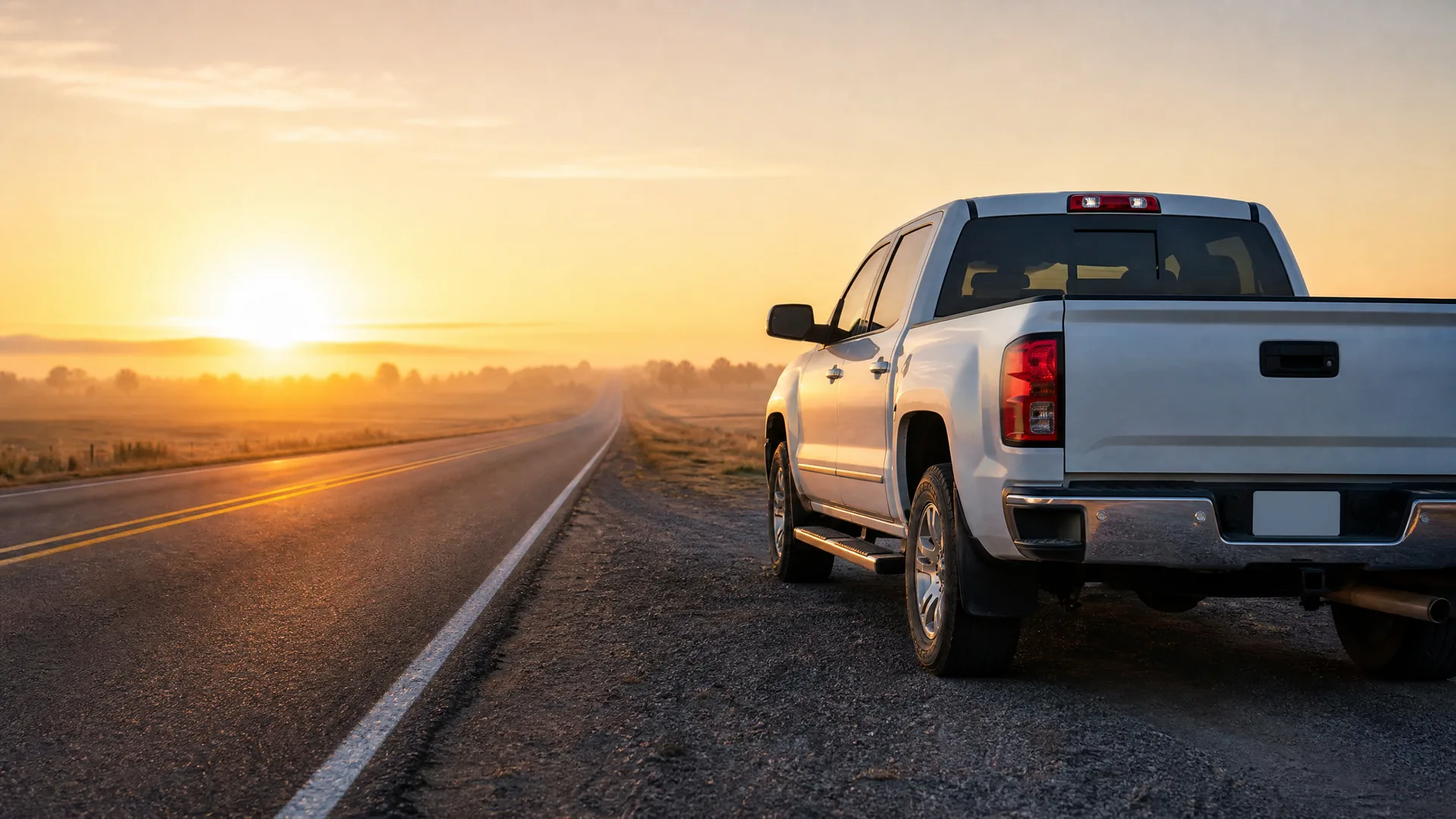 A white crew-cab pickup truck parked on the gravel shoulder of a two-lane road at sunrise, with flat fields and a low sun on the horizon.