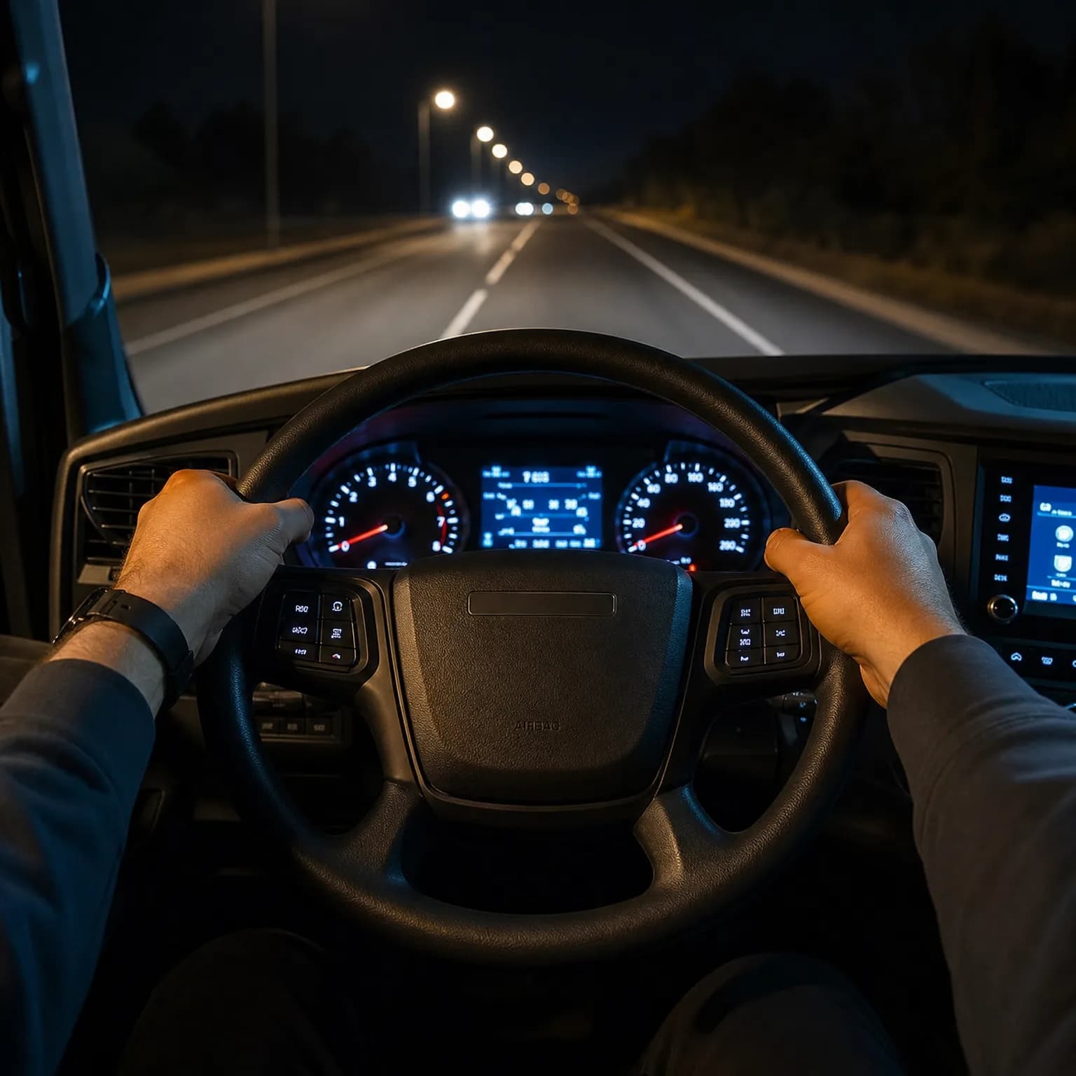 Driver's point of view at night showing two hands on a steering wheel, an illuminated instrument cluster and center screen, and a dark road with streetlights and oncoming headlights ahead.