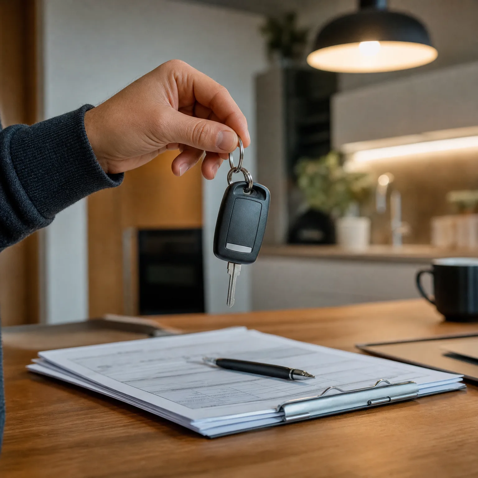 A hand holds a black car key on a ring above a wooden table with a clipboard of printed forms and a pen, in a blurred interior with a hanging lamp and a dark mug.