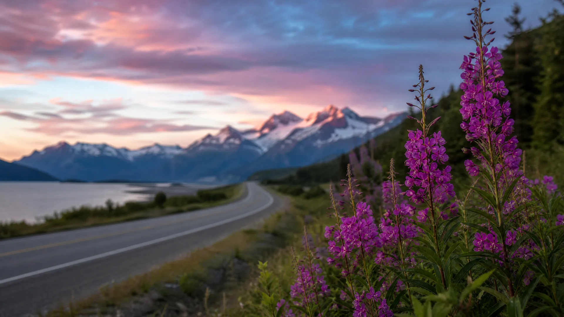 A two-lane road curves along a coastline toward snow-capped mountains under a pink and blue sky, with tall magenta fireweed flowers in the right foreground.