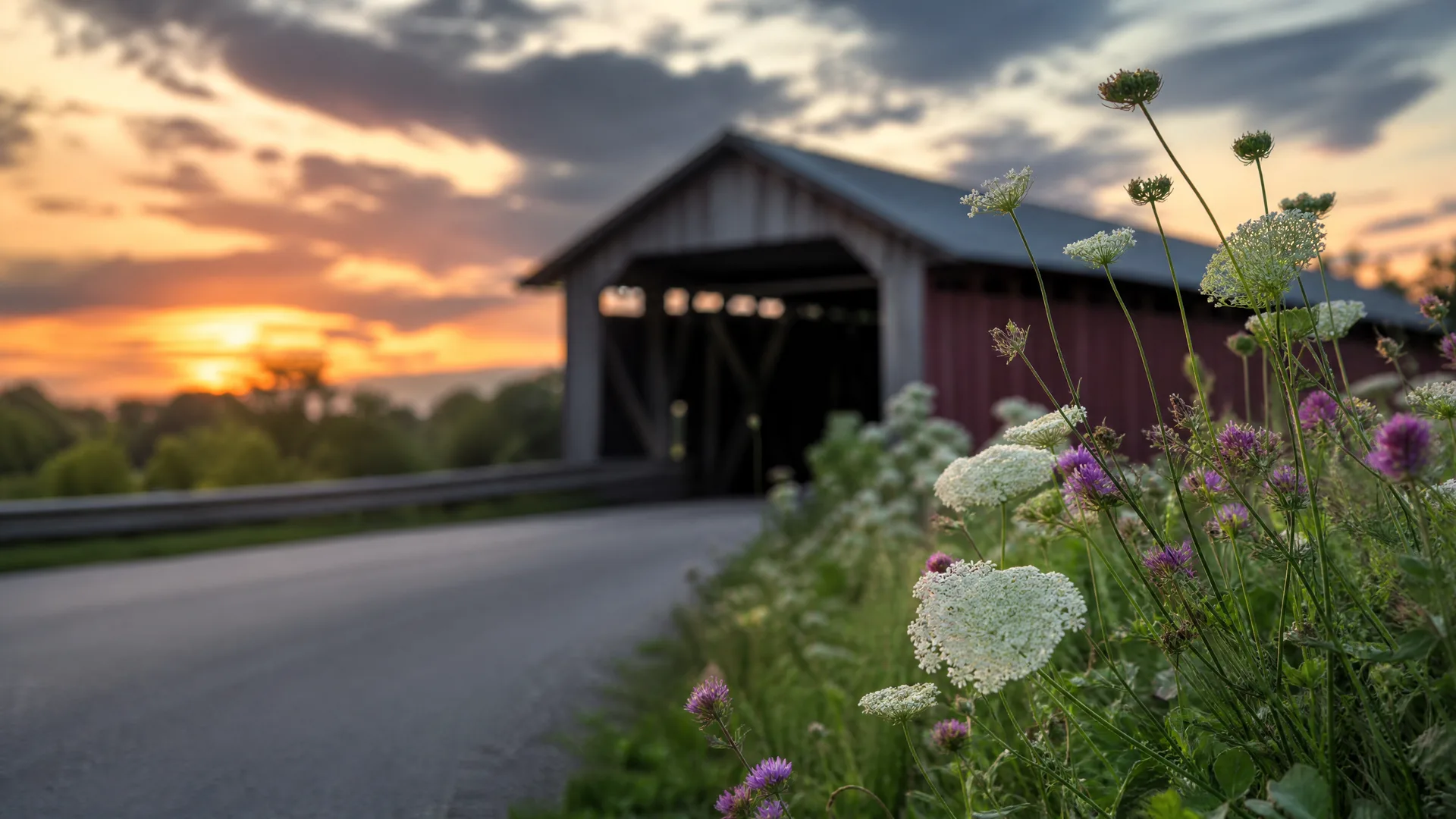 A wooden covered bridge with red siding at the end of a paved road at sunset, with Queen Anne's lace and purple clover wildflowers in sharp focus in the foreground.
