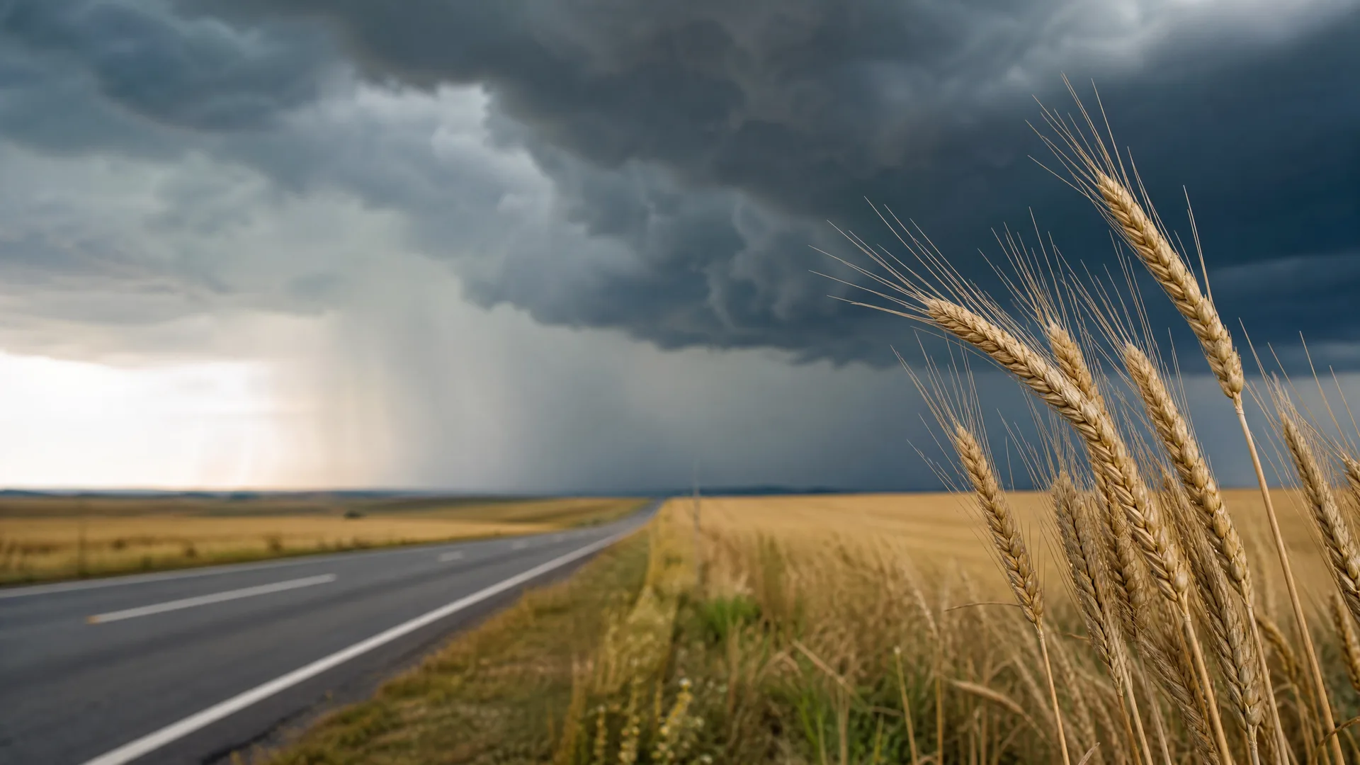 An empty two-lane asphalt road runs beside a field of ripe wheat, with close-up wheat ears at right and dark storm clouds with falling rain over the horizon.