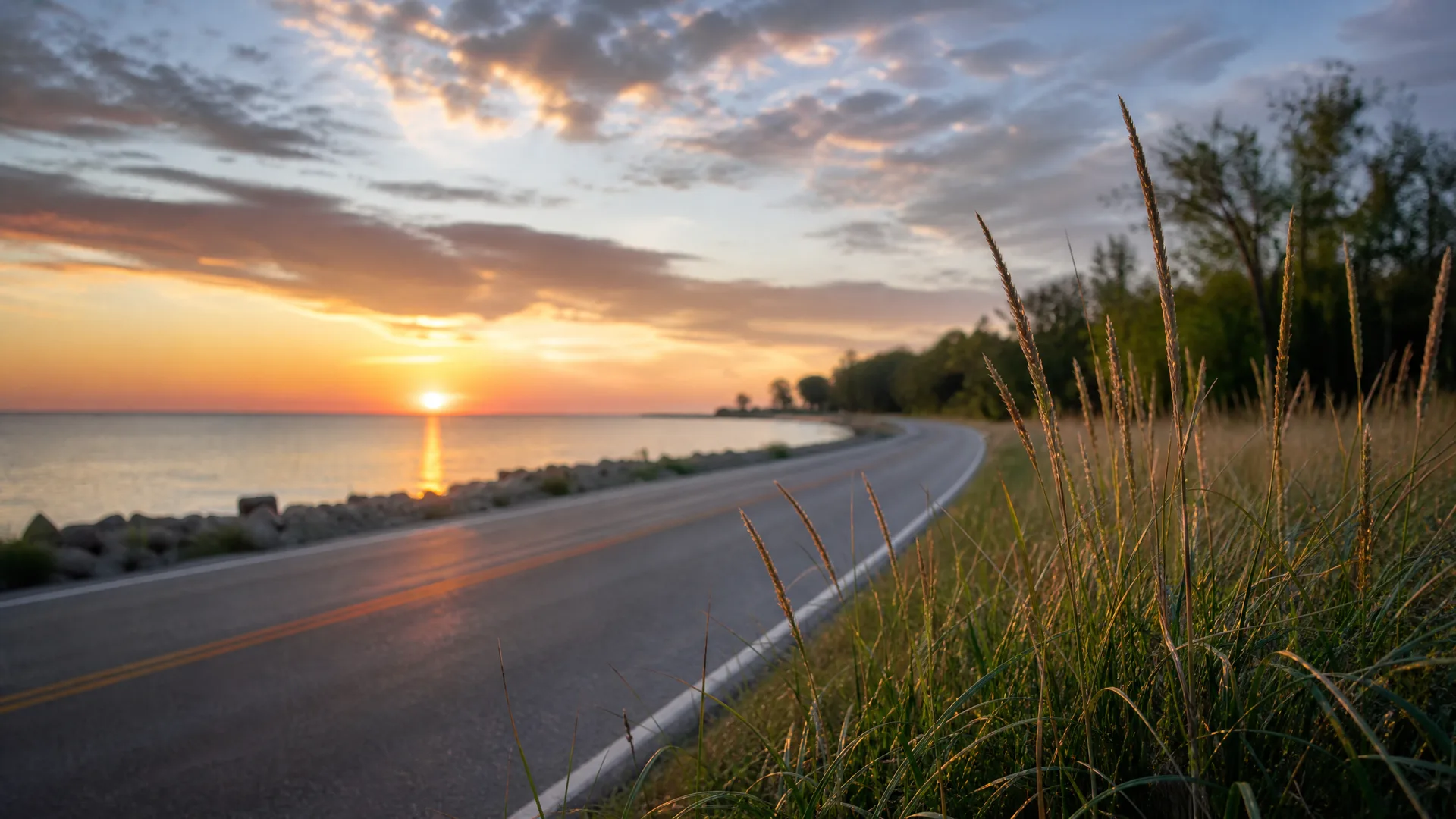 A two-lane road with a yellow centre line curves along a rocky shoreline at sunset, with tall grasses in the foreground and trees on the right.