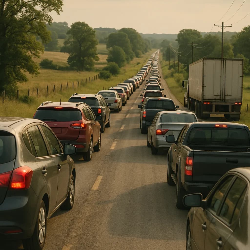 Heavy traffic jam on rural highway with cars backed up through countryside landscape