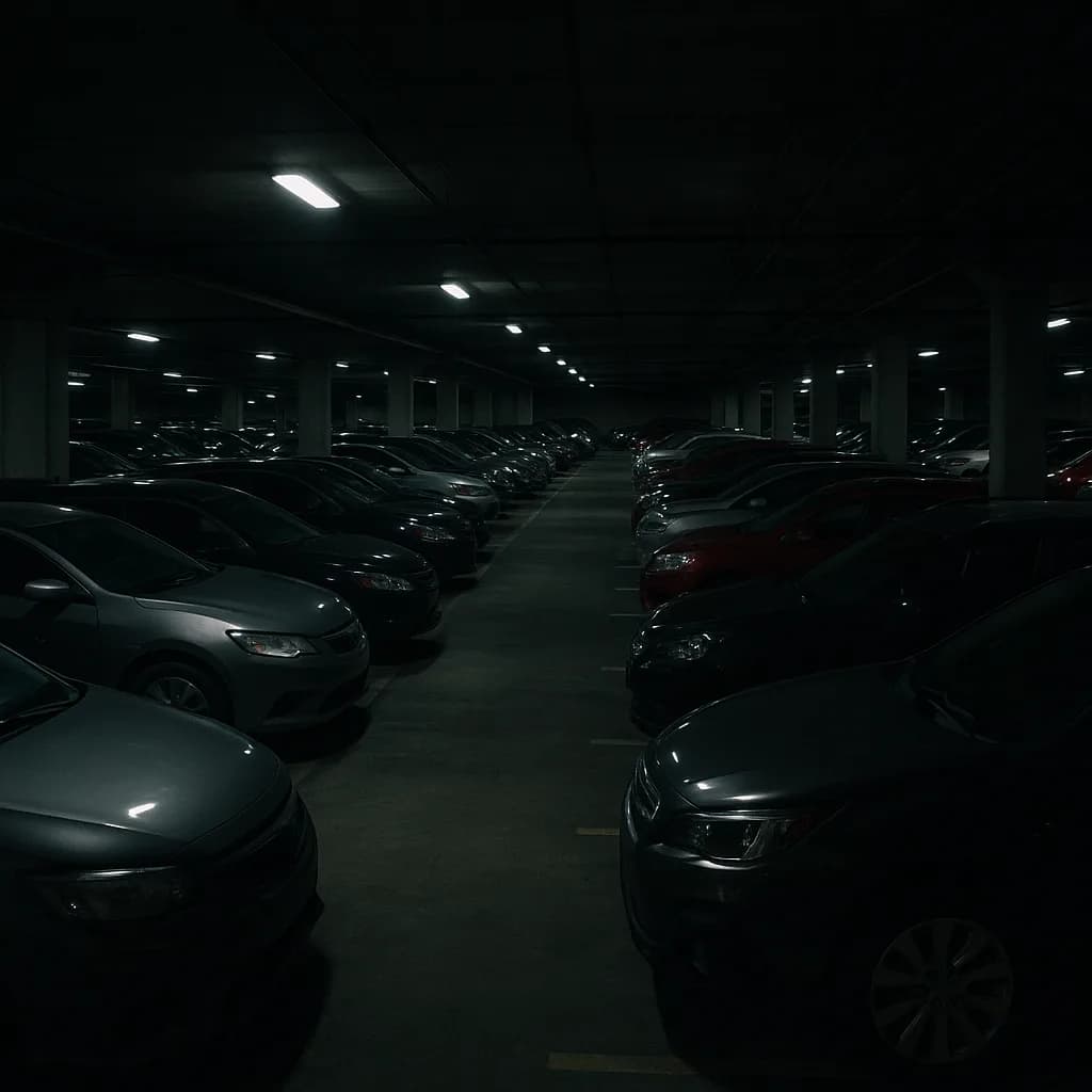 Dark underground parking garage with rows of parked cars under fluorescent lighting