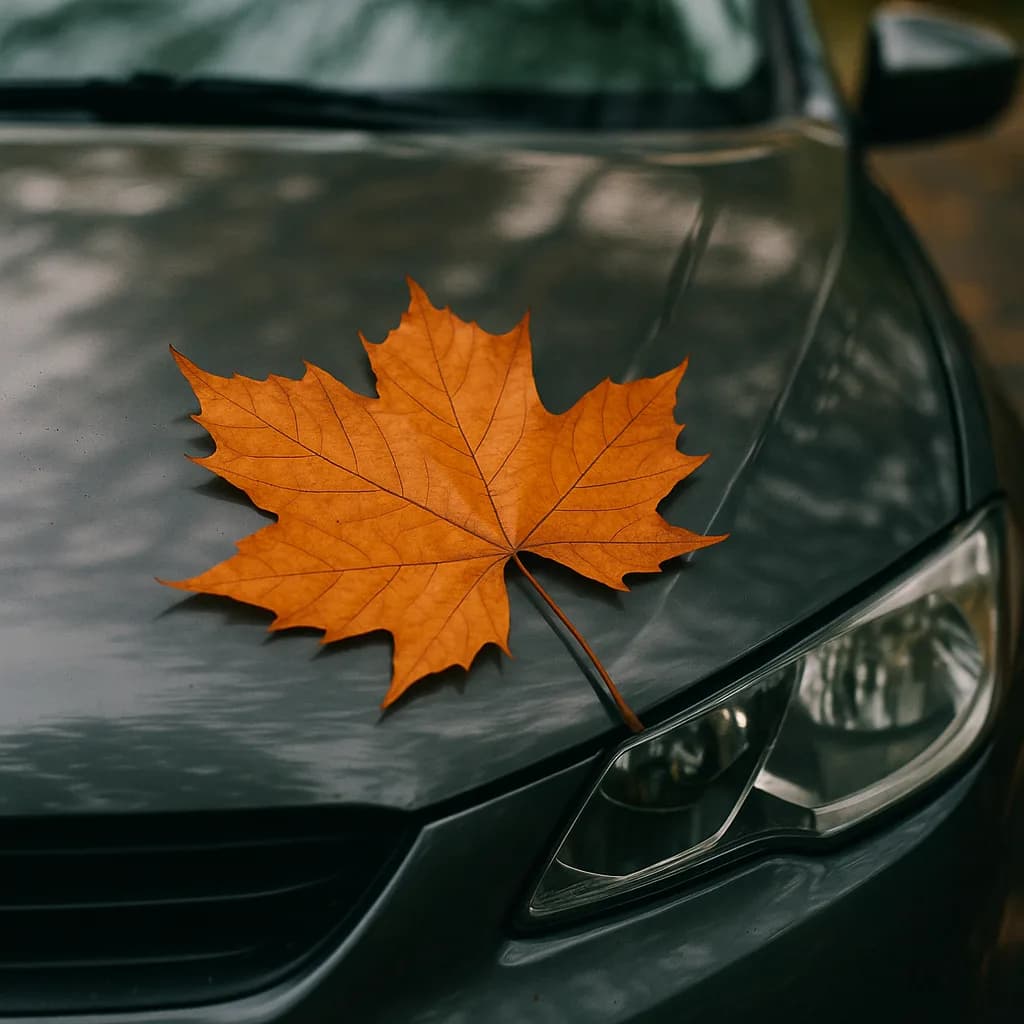 Orange maple leaf on dark car hood above headlight in autumn