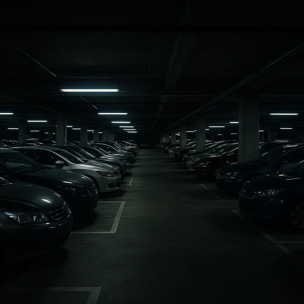 Dark underground parking garage with rows of cars and fluorescent lighting on concrete ceiling